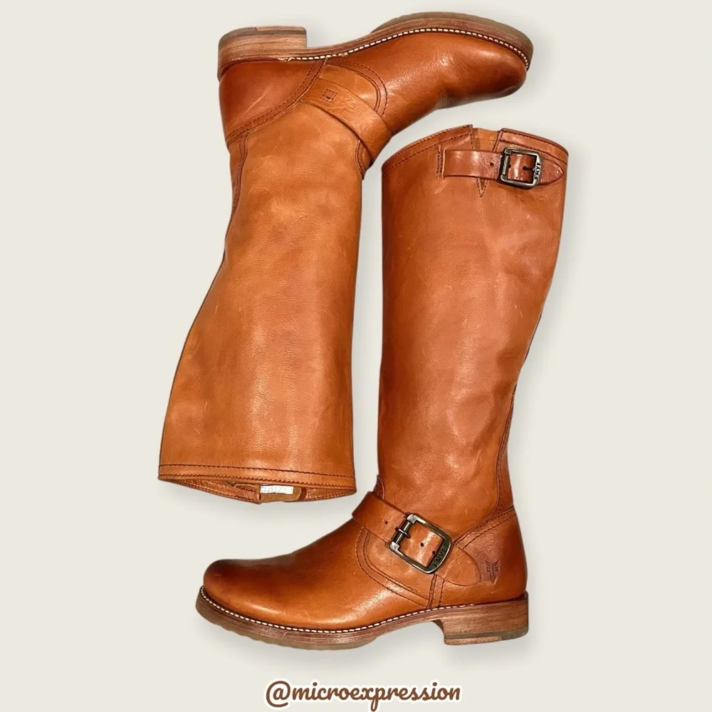 $399 Frye Veronica Slouch Cognac Brown Tan Leather Engineer Moto Tall BuckleBoot